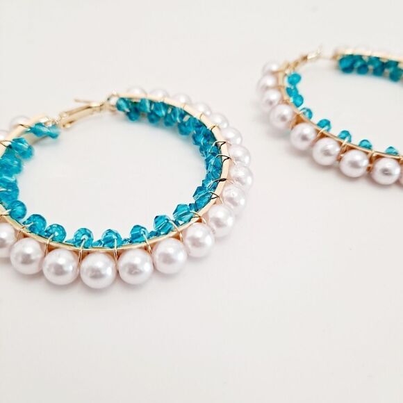 💖2/$30 Gold tone boho hoop pearl blue turquoise beaded coquette chunky earrings - Picture 13 of 17